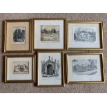 Six small prints, Marion Rhodes, church and castle scenes. Largest 17.5x13cms.