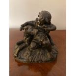 Bronze figure of a girl with her dog and puppy on naturalistic base 16cm wide