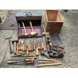 Carpentry tools, chisel, mallets, saws, scribe etc in an Anchor butter box.