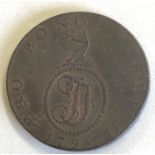 British token copper half penny, John Fincham 1794 obverse man weaving a loom, Haverhill manufactory