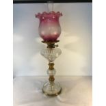 Cut glass and brass oil lamp with pink glass shade. no damage good condition