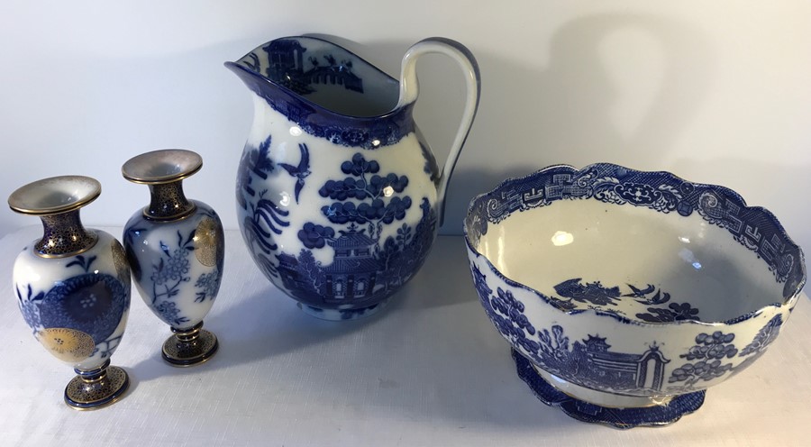 Pair of Doulton Burslem vases, good condition, 19cms h, willow pattern bowl, crazing to glaze and