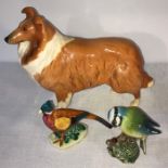 Three Beswick figures, a pheasant, blue tit and a collie dog, 'Lochinvar of Lady Park' All good