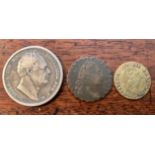 William IV silver half crown and 2 George III 1788 tokens