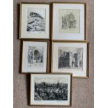 Five framed prints, Marion Rhodes, Castle,Church and Monastery scenes including Bamburgh Castle,