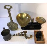 Modern brass & iron scales and weights, brass door stop and pewter jug.