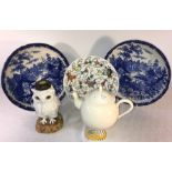 Selection of ceramics including owl oil lamp base 17cms h, plates etc.