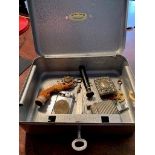 Sundry items inc. papers, keys, slides, cash box and contents