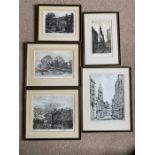 Five framed engraving prints, Marion Rhodes, Town and Country scenes inc. Paris, Bath, Huddersfield.