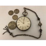 Silver pocket watch and chain, London 1845, hairline crack to face. various silver coins