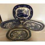 Four blue & white meat plates. 3 x willow pattern and 1 other.