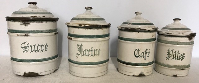 Four graduated French enamel storage jars with lids. Cafe, Farine,Pates & Sucre