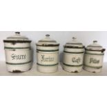 Four graduated French enamel storage jars with lids. Cafe, Farine,Pates & Sucre