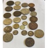 Various British coinage to include 1951 half shilling, half crowns. cart wheel penny, etc x 34.