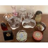 Fourteen items of glass ware inc. 2x Mats Jonasson and fine quality faceted paperweight