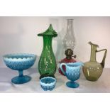Six pieces 19thC glass including cranberry oil lamp 31cms h.