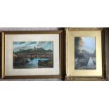 Two framed watercolour paintings, one of Whitby harbour, other a country scene with waterfall.