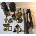 Rutters horse twitch, metal galvanised milk cans, horse brasses, weights, grease gun etc.