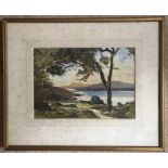 A framed watercolour, country lake scene signed Theo Gracey, 26cms x 37cms