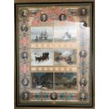 Framed Victorian colour print, shipping, town and country scenes.