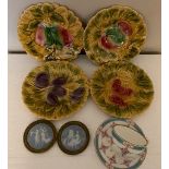 Two jasperware plaques, Minton cup and saucer and 4 Sarreguemines