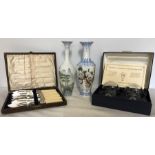 Boxed fish servers,Charles & Diana wedding glasses in box, two Chinese glass vases, 1 a/f