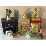 Royal Doulton group figurines, The Baloon Seller, Top O' The Hill, Tourist Bunnykins, Wilfred