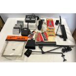 Electric guitar and drumkit accessories inc stage line footswitch, jack plugs, bridges, MD discs,