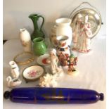 Miscellaneous to include 19thC blue glass rolling pin, ceramics, glass etc.