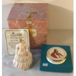 Coalport figure Queen Charlottes Ball and lidded dish, Pope John Paul boxed and mint.