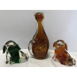 Murano glass animal figures, Cat 20.5cms h and 2 dogs 10cms h.