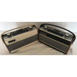 Two Roberts Rambler portable radios, white leatherette and black with teak wood sides, revolving