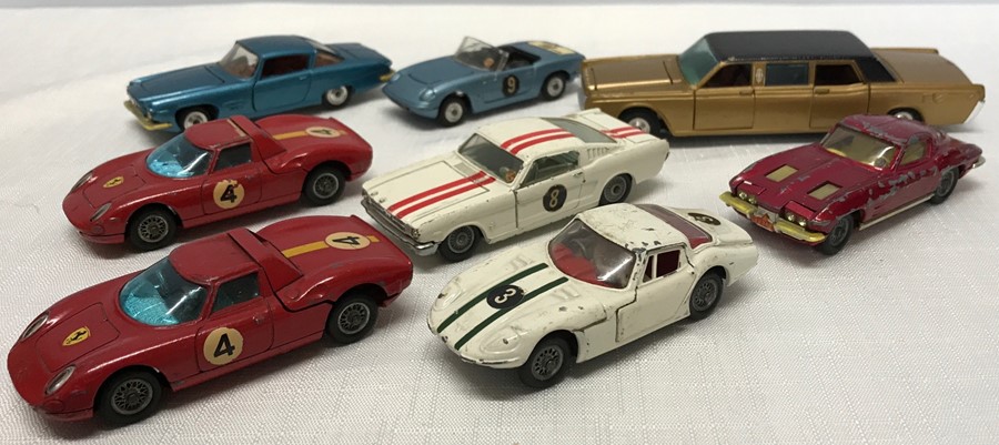 Collection of playworn diecast vehicles - 2 x Ferrari Berlinetta, MArcos Volvo, Ford Mustang, Ghia