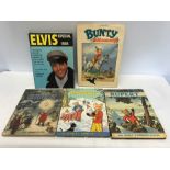 Collection of 5 assorted annuals. Elvis Special 1964, Bunty and 3 Rupert Bear annuals, 1974.