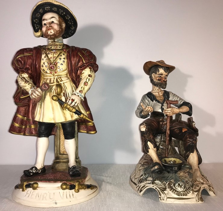Two large capodimonte figures of Henry VIII, 39cms h and a beggar, 32cms h in excellent condition.