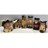Collection of 6 large Royal Douton Toby Jugs. 22.5cm, Dick Whittington, Scaramouche, Francis