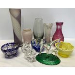 Glassware to include 4 vases inc Scottish glass bubble vase, blue and yellow glass dishes and 3