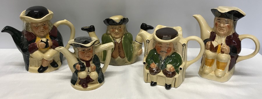 Collection of 5 Tony Wood character teapots. 18cms t.