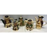 Collection of 5 Tony Wood character teapots. 18cms t.