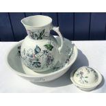 Jug and bowl and soap dish, Challinor and Mayer a/f to soap dish