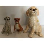 Three Just Cats and Friends pottery figures, Labrador pup 19cms t, Staffordshire Bulldog 11cms t and