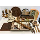 An assorted collection to include Solitaire and cribbage boards, ornaments, cork picture, diorama,