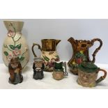 Maling vase, Wade jug, Lustre jug and 4 character jugs.