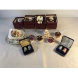 Caverswall miniature cups and saucers, Beverley Minster, 5 Royalty coronet crowns, 2 pair of
