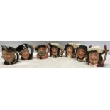 Seven Royal Doulton Toby jugs, 9.5cms, 4 x musketeers, Porthos, Aramis, Athos, D'artagnan with