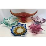 Coloured Murano style glass bowls, large red bowl approx 23cms h x 48cms w.