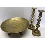 Chinese circular brass bowl, 36cms w on a carved wood stand with a pair of 30cm tall brass