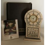 History Craft, England, Scrimshaw design mantle clock, unused, retail boxed, approx 14cms t.