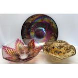 Large iridescent glass bowl, 39cms w, mottled brown glass pedestal bowl, 26cms w and floral