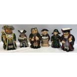 Collection of 6 Roy Kirkham pottery character jugs. 5 town crier series nd one Oliver series, fagin,